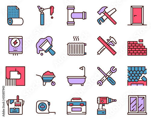 Home renovation and repair color linear icons set