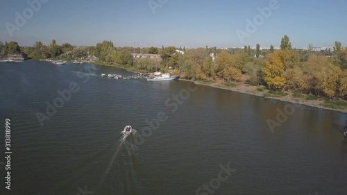 River navigation safety. MMPSS - rules for safe navigation of ships. Bird's eye view of the river. Natural landscape