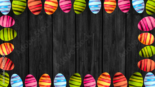 Happy Easter background - Frame made of colorful painted eggs isolated on dark rustic wooden texture, with space for text