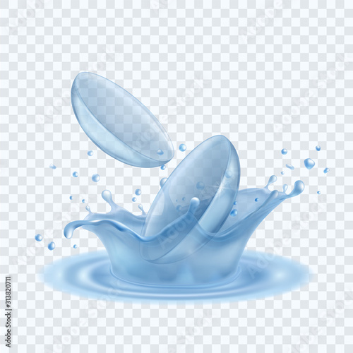 Contact lenses falling into the water. Water corona splashing waves on the surface.