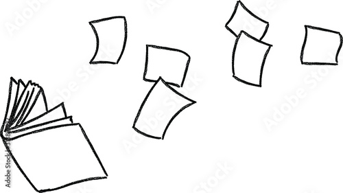 book with pages flying through the air,freedom concept,study,,paperwork,hand drawn illustration,vector