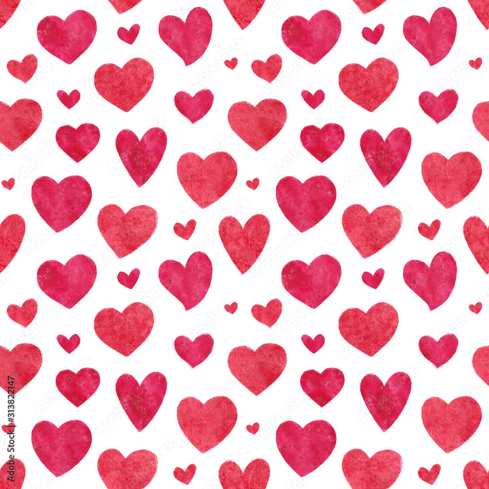 Seamless pattern with vibrant pink hearts on white background. Valentine's Day template design. Love and couple relationship watercolor illustration