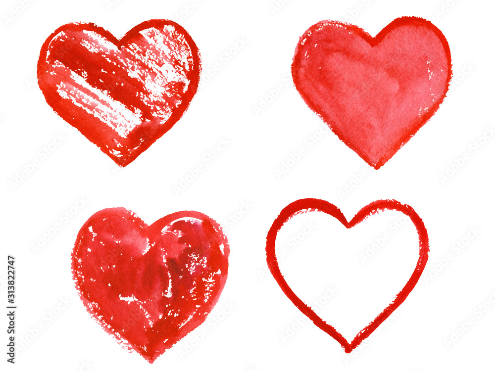 Set of watercolor red hearts. Collection of hand-drawn illustration of heart shapes on a white background isolated. Perfect for the design of postcards, posters, textile etc. with free space for text
