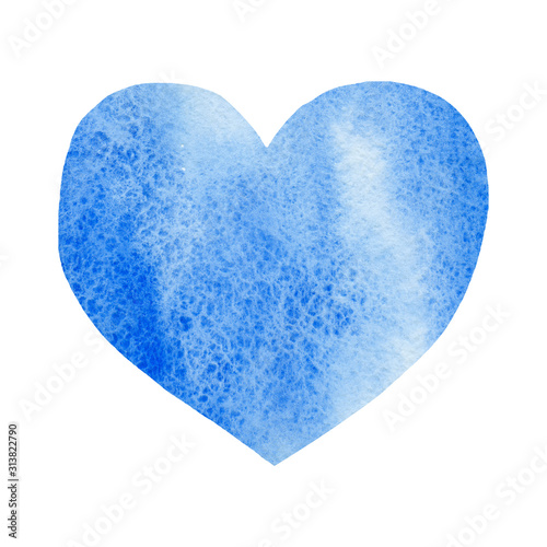 Watercolor hand drawn blue lovely heart isolated on white background for text design, label, valentines day. Abstract aquarelle wet brush paint romantic element for card, print, icon.