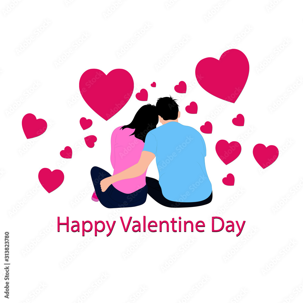 Couples sitting together with the words Happy Valentine Day and Pink heart  around vector illustration white background graphic design Stock Vector |  Adobe Stock