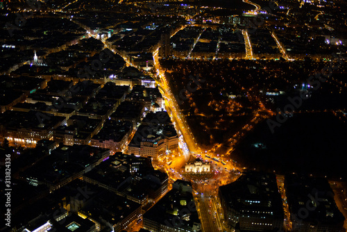 Panoramic aerial view of Madrid at night, Metropolis Building lights, capital of Spain, Europe