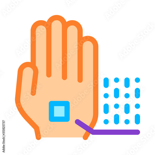 Information Chip On Hand Biomaterial Vector Icon Thin Line. Biology And Science Flasks, Bioengineering, Dna And Medicine Vaccine Biomaterial Concept Linear Pictogram. Contour Illustration