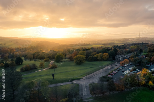 Aerial view of the grounds around the Yorkshire Sculpture Park near Wakefield during a stunning sunset in November 2019 photo