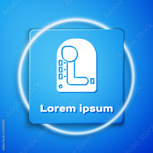 White Gear shifter icon isolated on blue background. Transmission icon. Blue square button. Vector Illustration