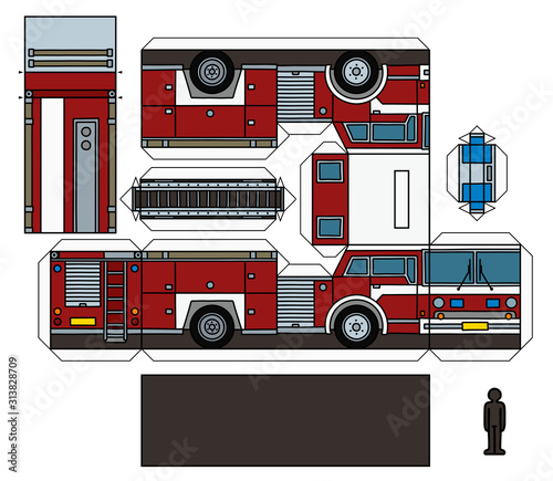 The paper model of a classic red fire truck