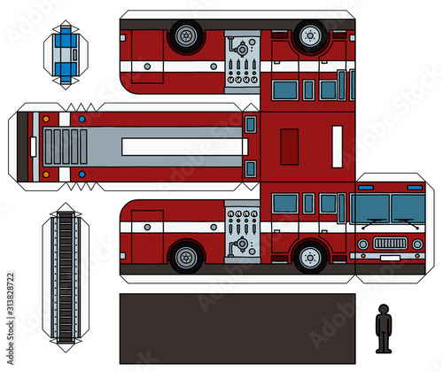 The paper model of an old red fire truck