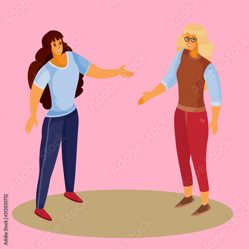 woman with blond hair and red trousers holds out her hand to greet the woman, woman in dark trousers and dark loose hair holds out her hand in response, pink background, separate layers, vector
