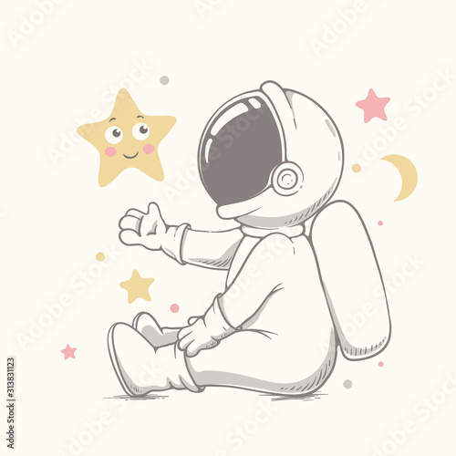baby astronaut plays with stars