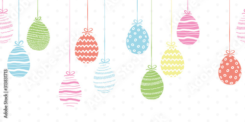 Cute hand drawn easter eggs horizontal seamless pattern, doodle eggs hanging - great for banners, wallpapers, invitations, vector design