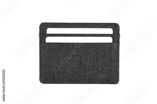 Gray fabric card holder with white card mock up isolated. Business credit cards mockup in sleeve cardholder pocket.