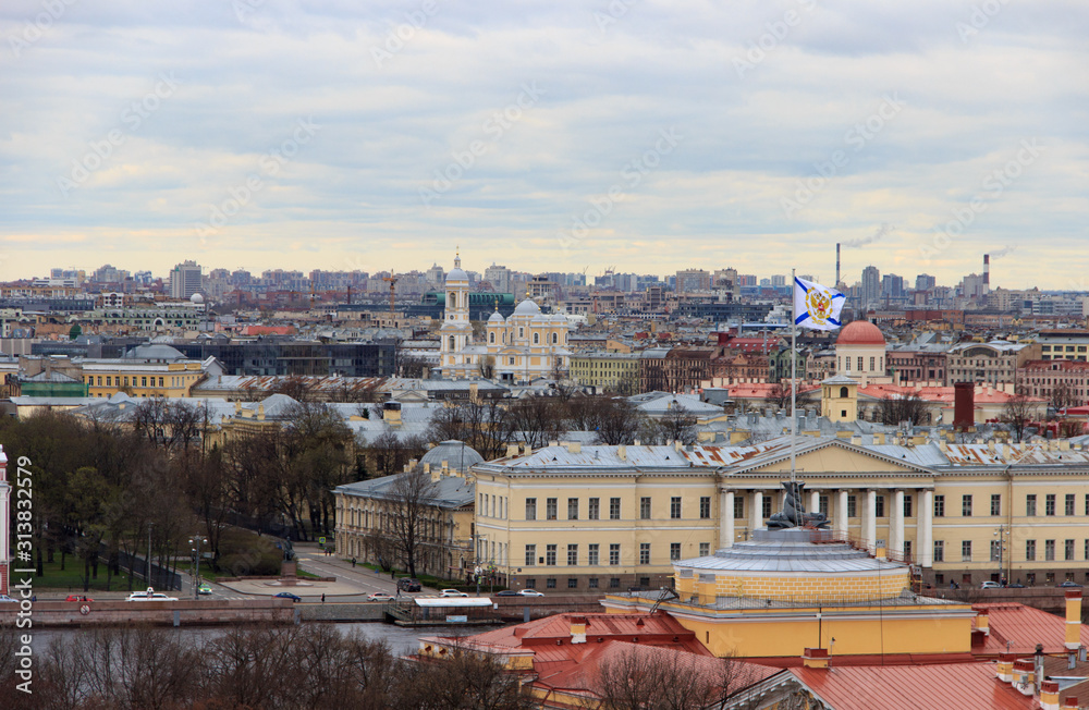 St.Petersburg, Russia - May, 06, 2018: Panorama of the central part of St. Petersburg from the colonnade on the roof of St. Isaac's Cathedral.