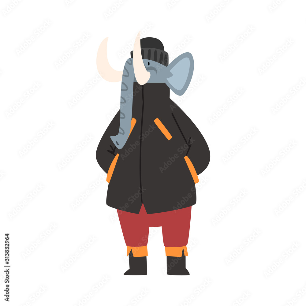Elephant Wearing Warm Winter Clothes, Humanized African Animal Character Vector illustration Elephant Wearing Warm Winter Clothes, Humanized African Animal Character Vector illustration
