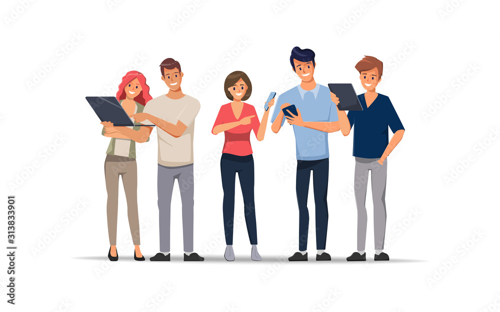 Obraz premium Business people teamwork office character. Social media communication with gadget.