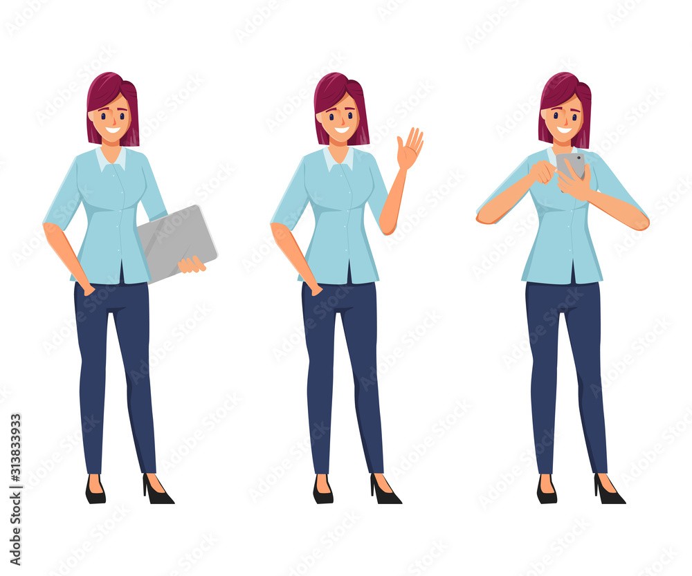 Fototapeta premium Character office woman pose set. Freelance job creation character.