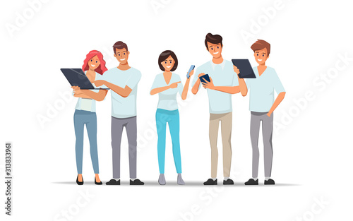 Business people teamwork office character. Social media communication with gadget.