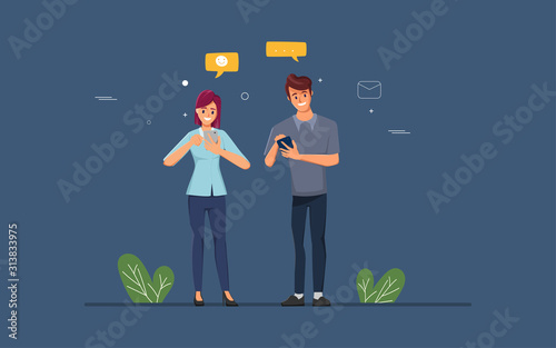 People using mobile phone for social media network communication background.