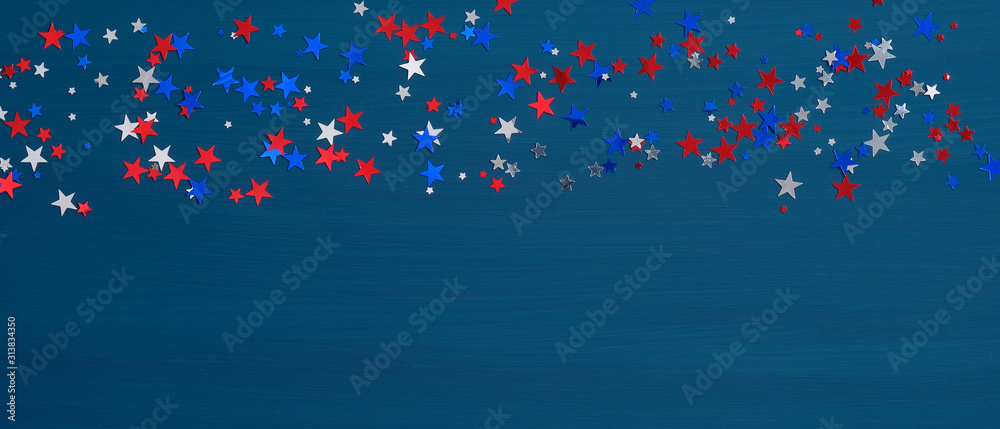 Confetti stars in American flag colors on blue background. Happy Presidents Day Banner mockup. USA Independence Day, Labor Day, Memorial Day, US election concept. Confetti stars in American flag colors on blue background. Happy Presidents Day Banner mockup. USA Independence Day, Labor Day, Memorial Day, US election concept.
