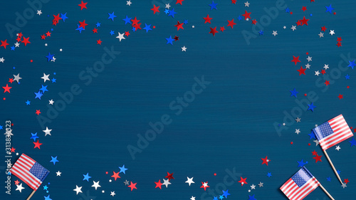Happy Presidents Day background with American flags and confetti star. USA Independence Day, Labor Day, Memorial Day, US election concept