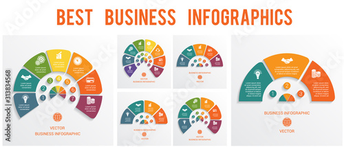 Semicircle infographics numbered for 3, 4, 5, 6, 7, 8 options. Vector templates can be used as chart, diagram, graph,  workflow, business presentation