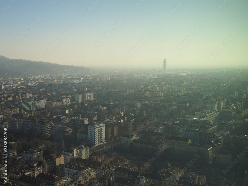 Aerial view of Turin with smog