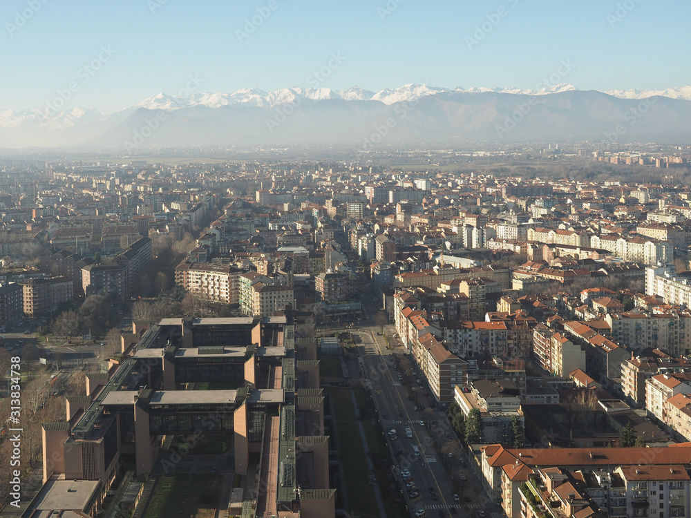 Aerial view of Turin with Alps mountains