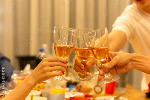 Grpup of friend toasting with glass of white at dinner party.