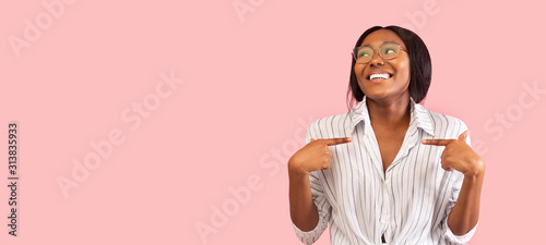 Afro Woman Pointing Fingers At Herself Over Pink Background, Panorama