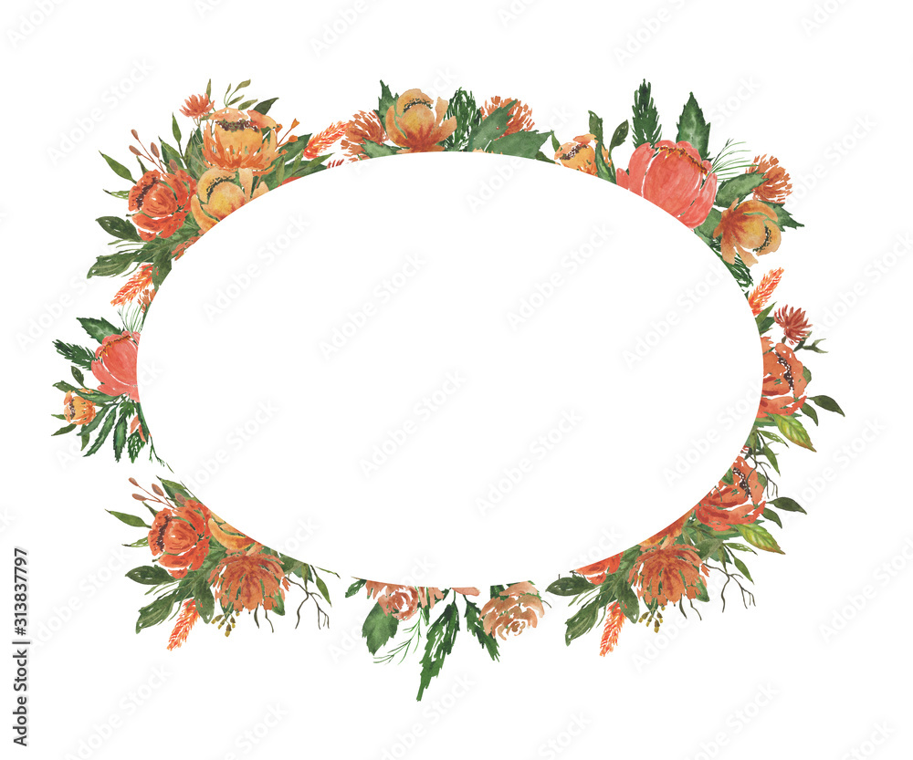 Hand drawn watercolor wreath with flowers in bloom. Creative decorative elements. Perfect for valentines day, designing cards, holiday letters, wedding, birthday, save the date invitation. Hand drawn watercolor wreath with flowers in bloom. Creative decorative elements. Perfect for valentines day, designing cards, holiday letters, wedding, birthday, save the date invitation.