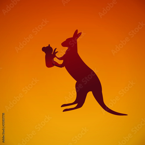 Kangaroo hold a baby Koala on the arm during fire in the forest in yellow and red shade background. © misterauto