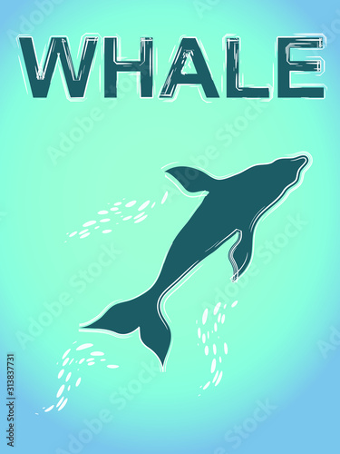 vector illustration of a large blue whale under water and the inscription whale