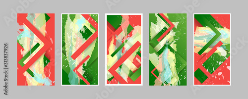 Abstract creative paint splashes and strokes with geometric elements set of cards