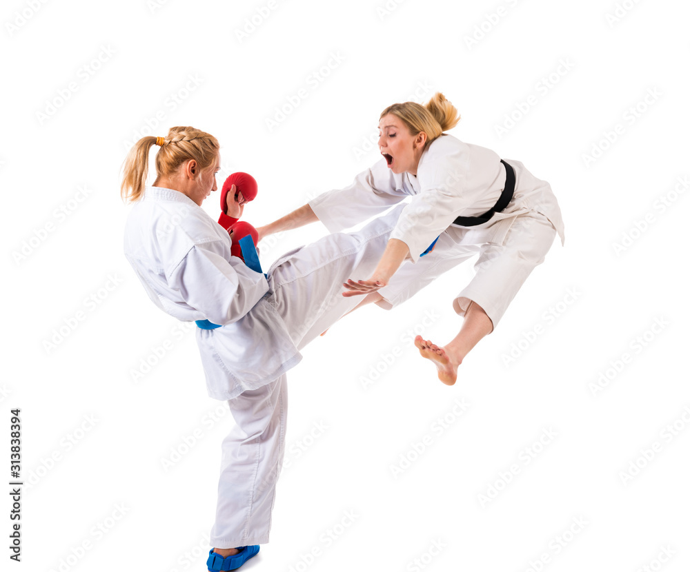 Cute blonde girls training karate