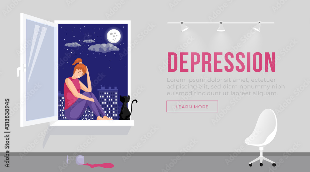 Depression landing page template illustration. Girl with sad face  expression sitting on window sill with cat homepage layout. Cartoon  character in bad mood, anxiety and tiredness website design Stock Vector |  Adobe