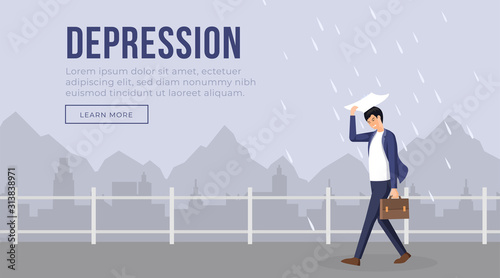 Depression landing page template vector illustration. Businessman character in bad mood walking while raining . Gloomy city scenery, stressed man, anxiety problem web page flat design