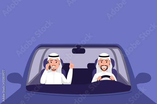 Arab man driving auto vector illustration. Muslim men in thawb sitting on front seat of vehicle and talking on phone. Traditional arabic countries male clothing, muslim businessmen in transport