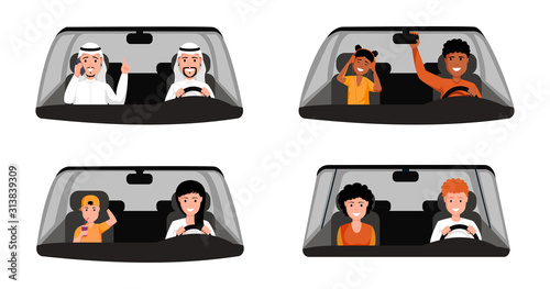 People driving car illustrations set. Arabic man wearing traditional clothing sitting at front seat of automobile. Married couple, mother and son, afro american father with daughter