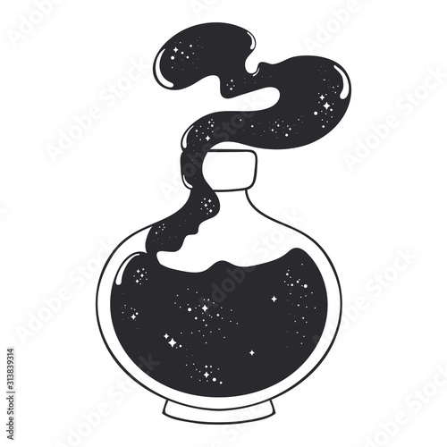 Hand drawn magic bottle. Vector illustration isolated. Tattoo design, magic symbol. Art for print, poster, t-shirt, sticker and textiles