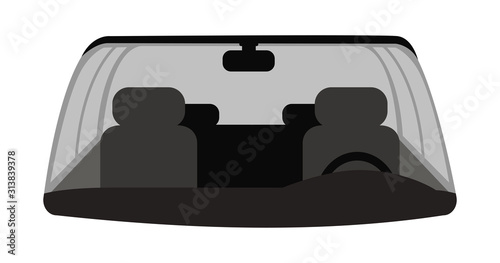 Car windshield flat vector illustration. Automobile interior with grey front seats, steering wheel, windows and rearview mirror. Empty auto, vehicle inside isolated on white background