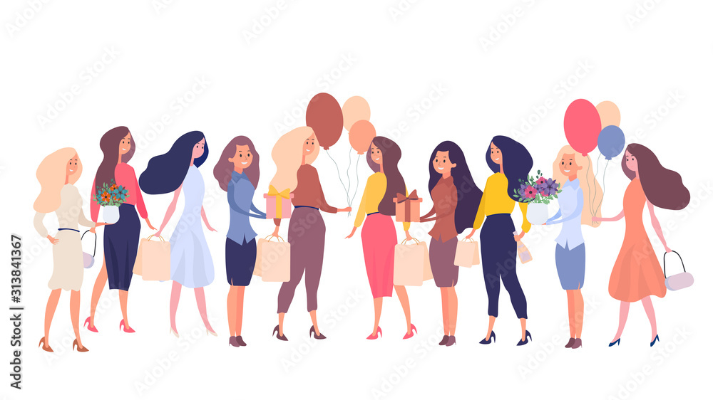 Set of women for a festive concept. Woman isolated on a white background. Good for holiday cards and banners on the theme of shopping, International Women's Day and Valentine's Day.