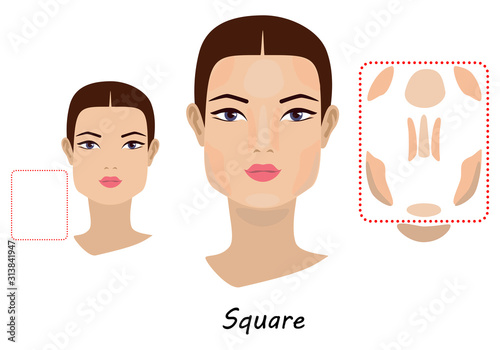 Contour and makeup highlights. Contour shape of the square face make-up. Fashion Illustration. Flat design. Vector illustration