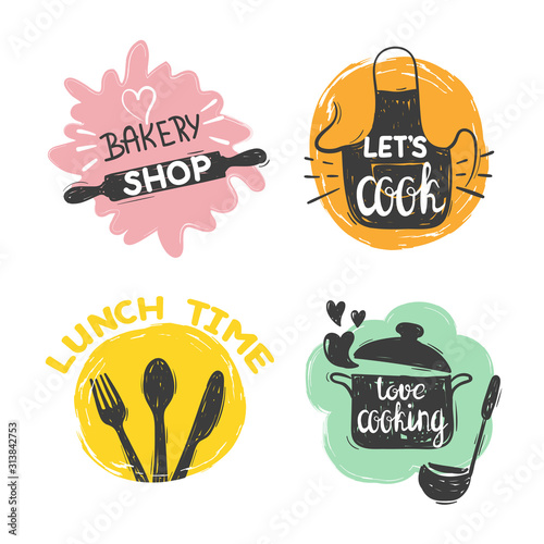 Doodle cooking food logo set. Hand drawn vector kitchen badges, labels.