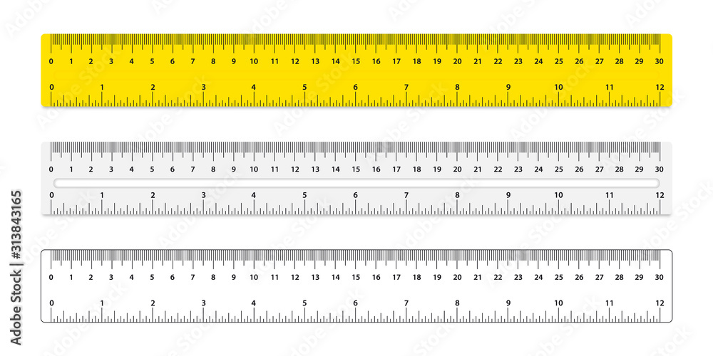 Set of three rulers. Rulers with inches and centimeters double