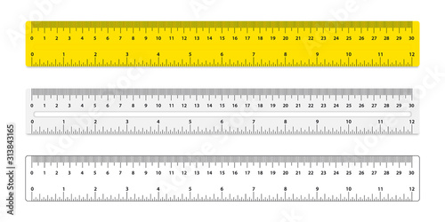 Set of three rulers. Rulers with inches and centimeters double side measurement. Measuring scale, mockup for rulers. 30 centimeters metric vector ruler. School equipment. Measure Tape ruler
