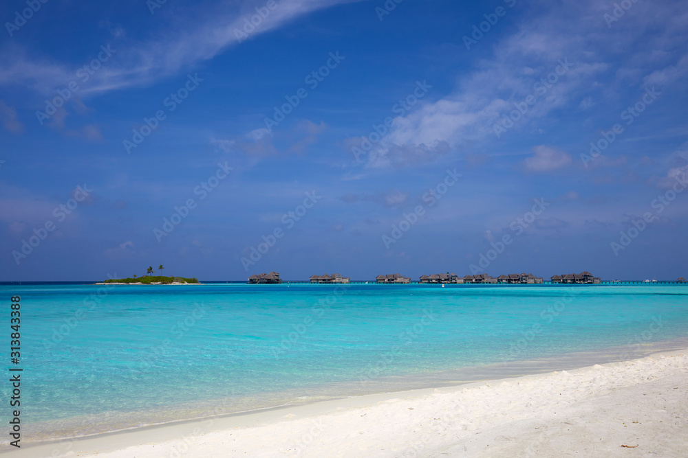 Gili Lankanfushi Maldives resort seen from the beach of Paradise Island (Lankanfinolhu), Maldives