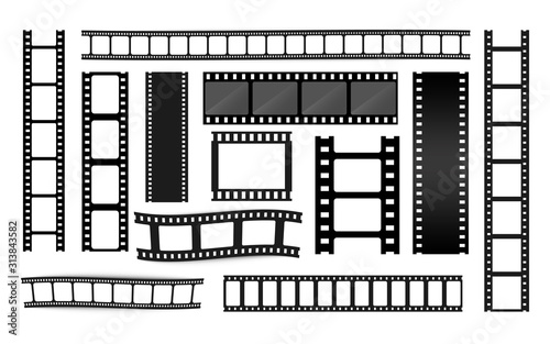 Different film strip collection. Old retro cinema strips. Photo frame. Cinema strip templates. Negative and strip, media filmstrip. Film roll vector, film 35mm, slide film frame set